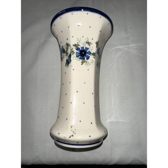 POLISH BLUE FLORAL POTTERY VASE & BASE - Picture 3 of 9